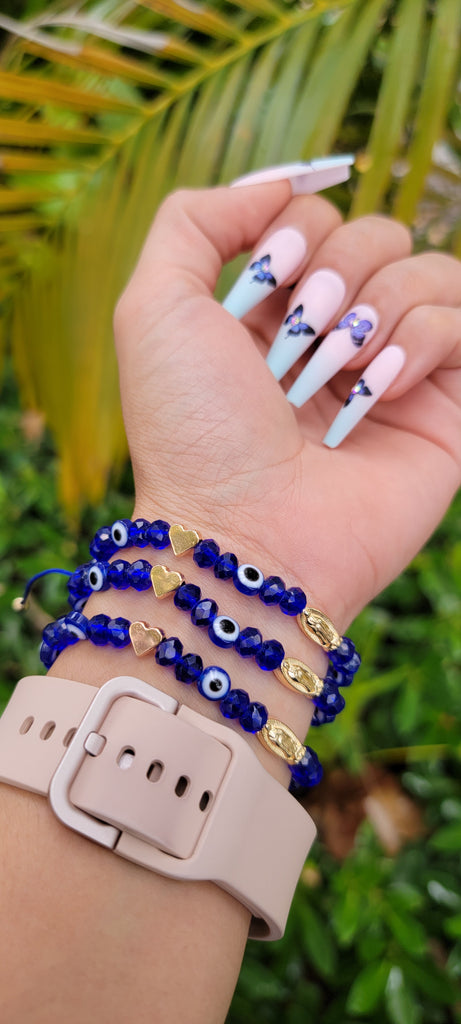Poranlem Evil Eye Bracelets Pack Mexican Ojo Bracelet Kit Virgin Mary Hamsa Sets for Women Teen Girl Crystal Boho Bead Love Butterfly Cross Blue