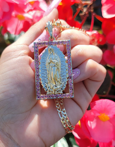 Gold Plated Pewter Our Lady Of Guadalupe With Pearl Chain H738